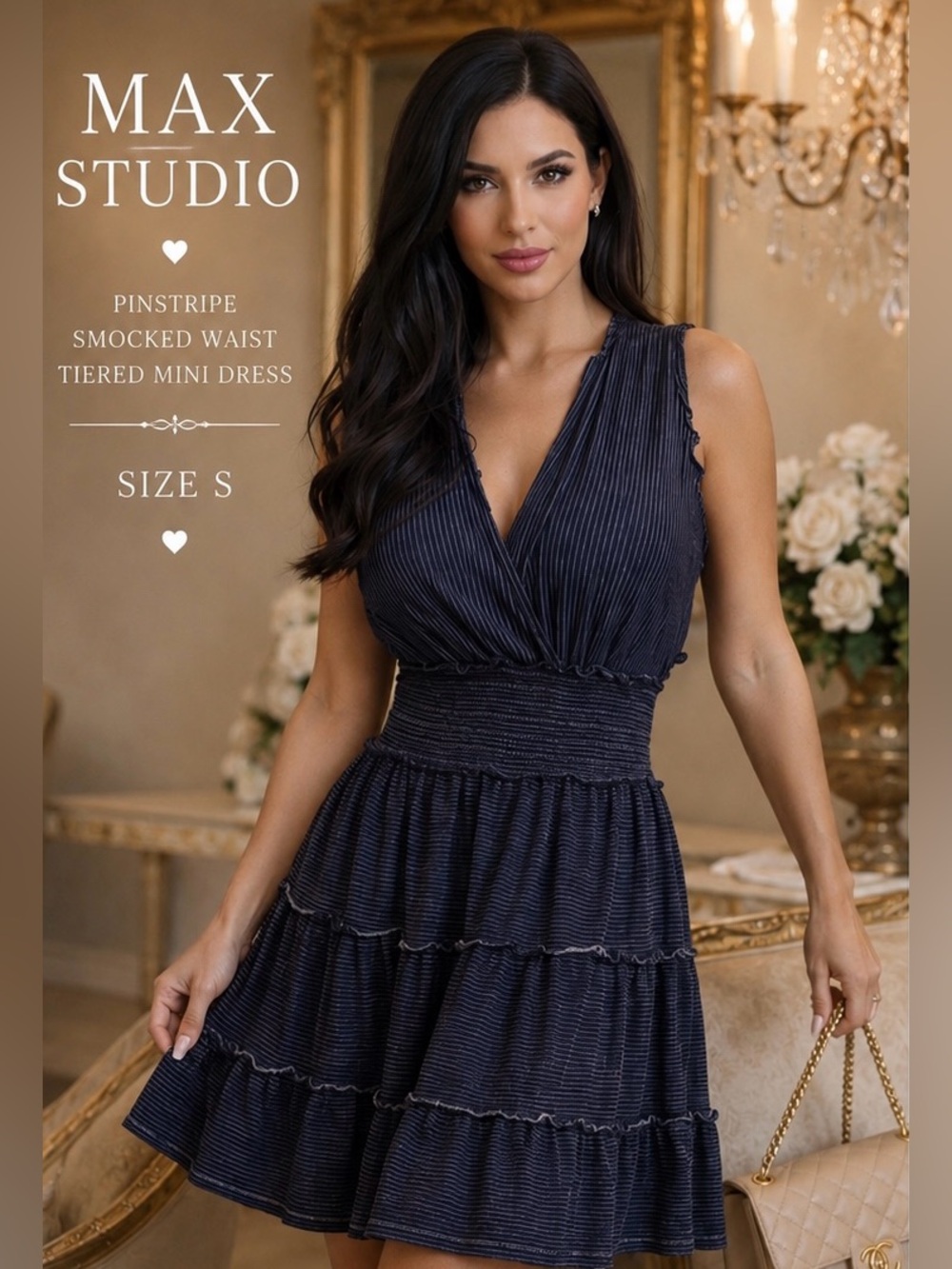 Max Studio Navy Pinstripe Smocked Waist Tiered Mini Dress Size Small
